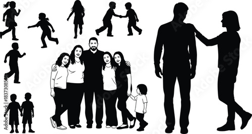 Family silhouettes, children running, adult child interaction, emotional bonding, black vector icons, group pose, social connection, flat design, relationship concept, playful moment