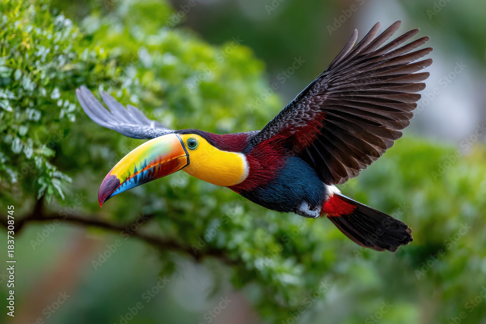 Fototapeta premium A Colorful Toucan in Flight Through Lush Greenery