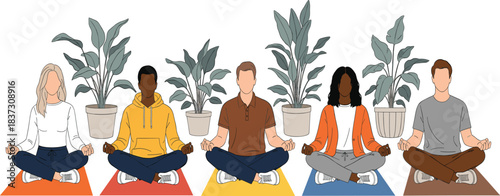 Diverse group of five people meditating on yoga mats surrounded by indoor plants for a modern wellness studio or mindfulness class design