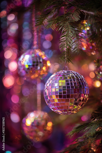xmas decoration disco mirror balls with colorful lights and branches, winter, peacefully, celebrate, christmas, christian, x-mas, noel, nativity, holiday, portrait format, photorealistic