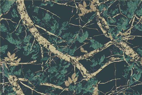 A camouflage pattern with green and brown leaves on the branches.Hunting camouflage with tree for hunting and military.Vector hunting camo background.
