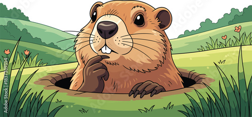 A cartoon groundhog peeking out of its burrow with a thoughtful expression in a grassy field.