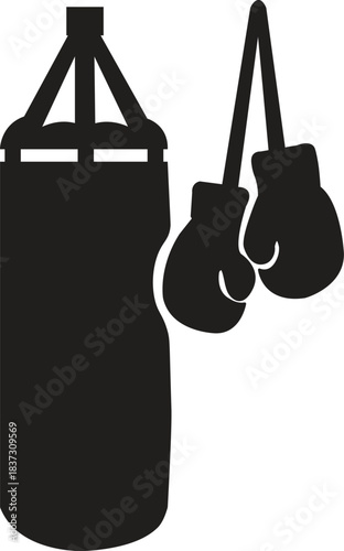  Modern silhouette of a standing heavy punching bag paired with two floating gloves.