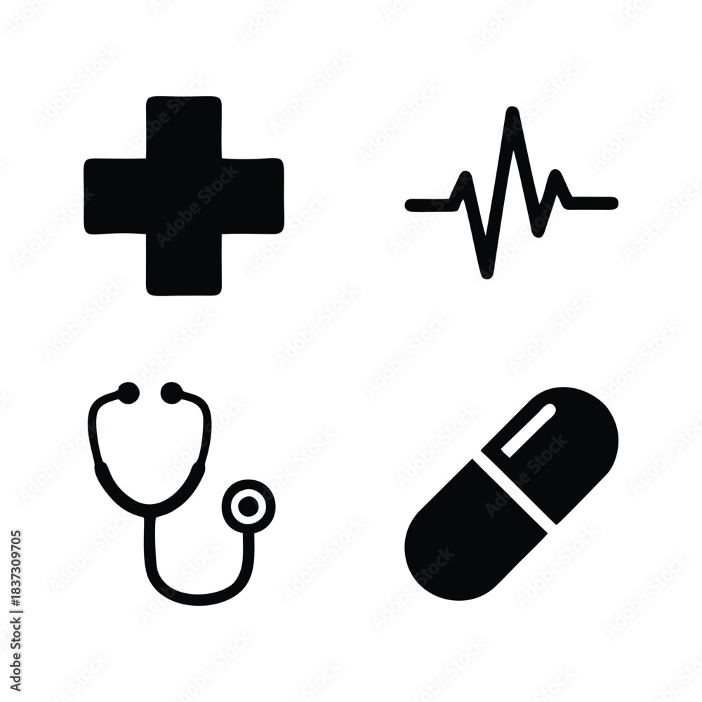 Fototapeta premium Essential Healthcare and Medical Icons: Stethoscope, Heartbeat, Cross, and Pill