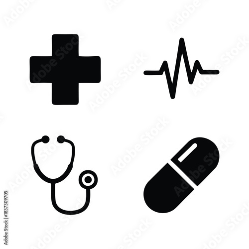 Essential Healthcare and Medical Icons: Stethoscope, Heartbeat, Cross, and Pill