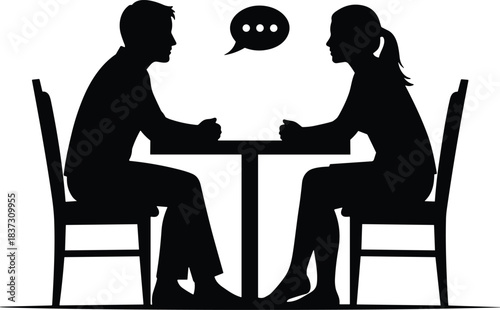 Silhouettes of people, seated discussion, speech bubble icon, communication pose, black vector design, interview concept, emotional connection, flat illustration, social interaction