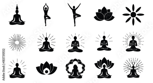 Vector collection of yoga and meditation silhouettes including lotus poses tree poses sunbursts and stylized flowers for spiritual wellness design