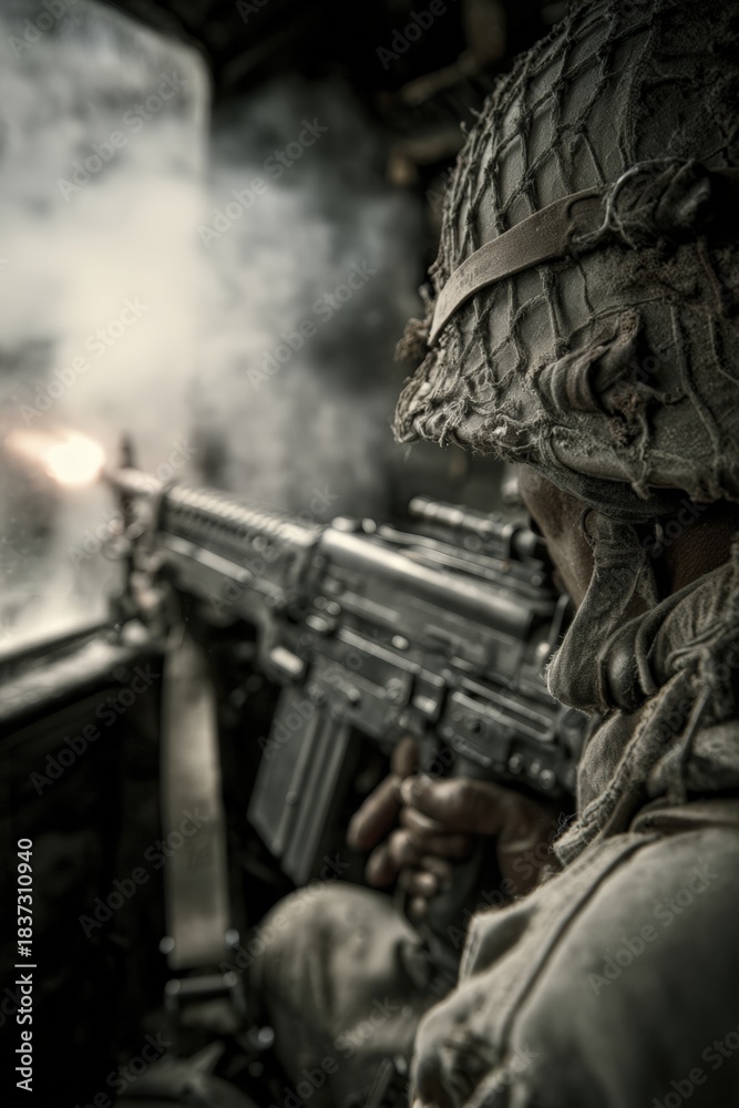 Obraz premium Camouflaged Fighter Engaging Targets with Heavy Machine Gun in Battle Scene