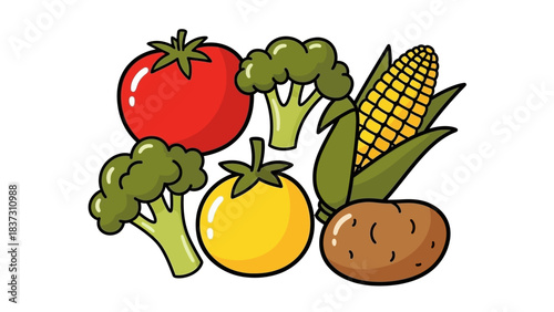 An illustration featuring a vibrant collection of fresh vegetables including red and yellow tomatoes, green broccoli florets, a yellow ear of corn, and a brown potato.