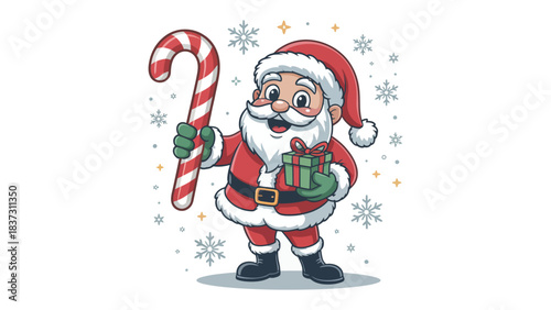Santa's Festive Cheer: Santa Claus, the symbol of Christmas, is full of glee. He holds a striped candy cane and a wrapped present, sharing the joyous spirit of Christmas.