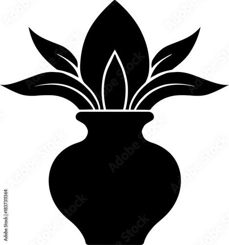 A large black vase stands alone with a lotus flower and leaves in a minimalist illustration