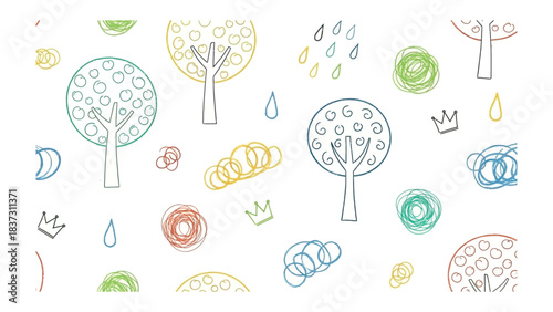 Whimsical Nature Pattern: Playful hand-drawn elements, including stylized trees, rain drops, and doodles, creating a delightful and imaginative design.