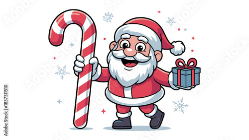 Santa Claus with Gifts and Candy Cane: A cheerful depiction of Santa Claus, brimming with holiday spirit, holding a candy cane and a wrapped present, spreading joy and anticipation. 