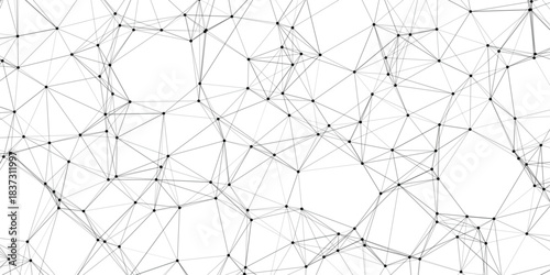 Abstract geometric network of interconnected black dots and grey lines forming a complex web pattern on a white background representing data science and technology concepts