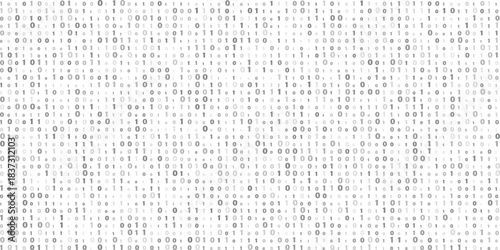 Dense grid of binary code numbers one and zero in varying shades of gray on a clean white background representing digital information and data patterns