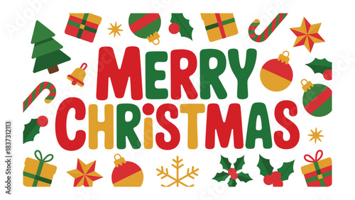 Joyful Christmas Decorations: A vibrant arrangement of festive icons and ornaments form the words Merry Christmas, capturing the spirit of celebration and the joy of the holiday season. 