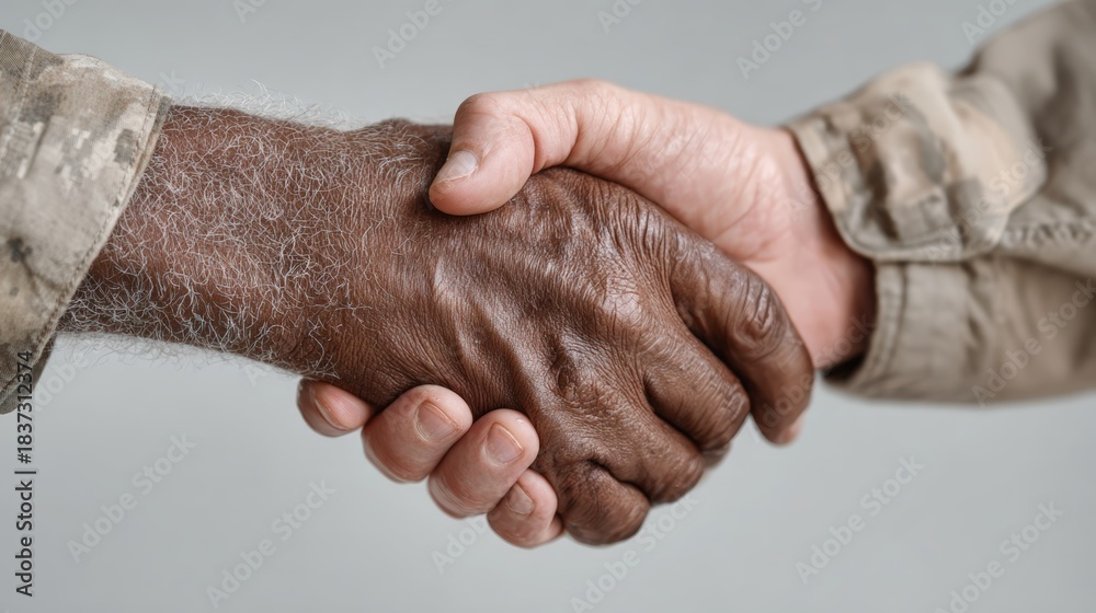 Fototapeta premium Diverse Veterans Exchanging Respectful Handshake in Soft Lighting