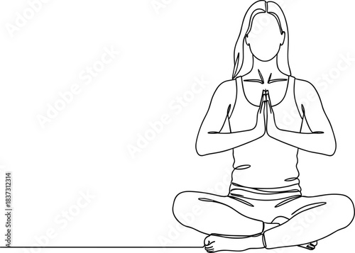 Continuous one line drawing of a woman meditating in a yoga pose with hands in prayer position for minimalist health and wellness design