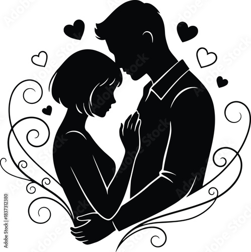 Romantic Couple Silhouette Embracing with Hearts for Valentine’s Day
