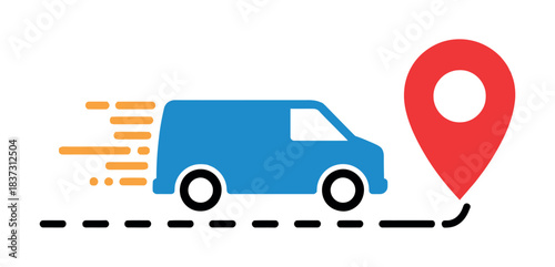 A blue van is quickly approaching a red location pin on a dashed line.