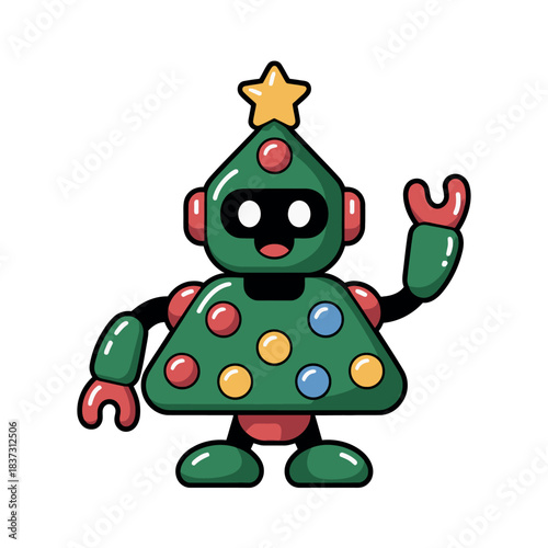 A friendly robot dressed as a Christmas tree waves hello with a star on top.