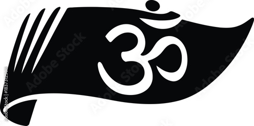 Monochromatic graphic illustration of a spiritual flag featuring a prominent sacred Om symbol, representing universal sound, peace, meditation, and ancient cultural heritage