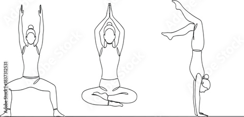 Continuous line drawing set of woman performing three complex yoga poses including handstand goddess pose and seated meditation for wellness design
