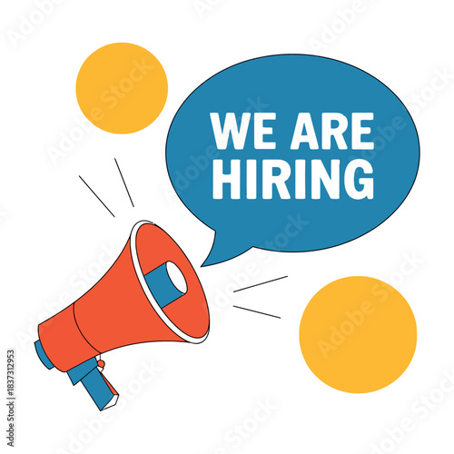 A megaphone announces "We Are Hiring" with two yellow circles in the background.