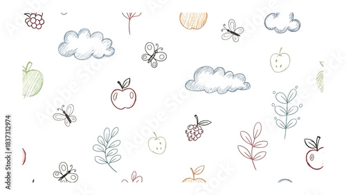 Childlike Daydream: whimsical array of hand-drawn elements, evoking a sense of innocent delight. This design is perfect for children's projects, celebrating nature's simple beauty.