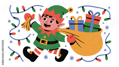 Merry Elf Delivering Cheer: An excited elf, in classic attire, joyfully carries a sack of wrapped gifts, a string of festive lights in tow, spreading holiday happiness. 