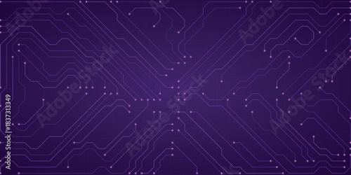 Purple Circuit Board Pattern Abstract Technology Background with Glowing Lines and Nodes Representing Digital Connections and Data Flow