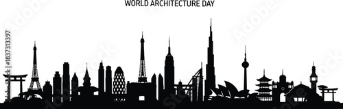 World architecture day skyline silhouette of famous global landmarks
