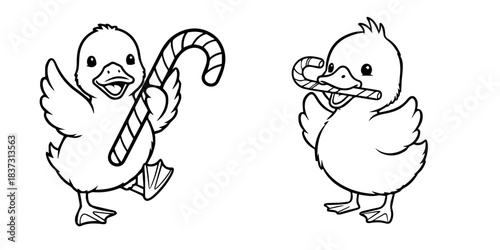 Cute Baby Duck Holding Candy Cane - Clean Line Art SVG Illustration

