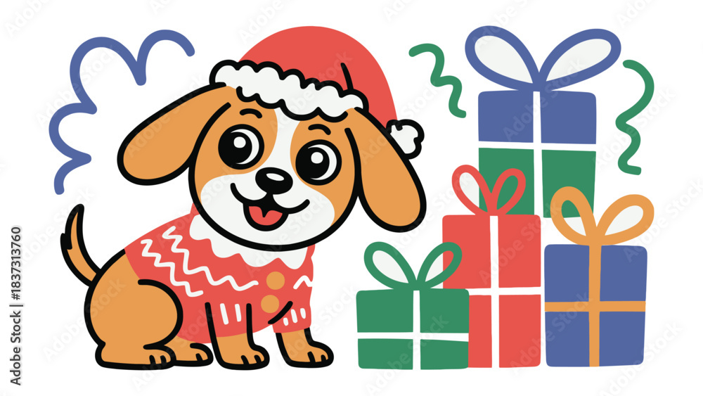Naklejka premium Joyful Pup's Christmas Cheer: A charming cartoon puppy, adorned in a festive Santa hat and sweater, anticipates the joy of Christmas. Presents piled up, creating an atmosphere of warmth and giving. 