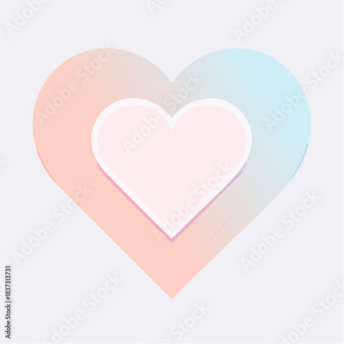 Two gradient hearts, one light pink and one with a peach and blue gradient, nested on a soft purple background, symbolizing love and connection.