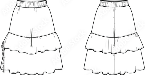 Technical Fashion Sketch Template Women's Tiered Ruffle Skirt with Elastic Waistband Flat Outline, Front and Back Views for Apparel Design.