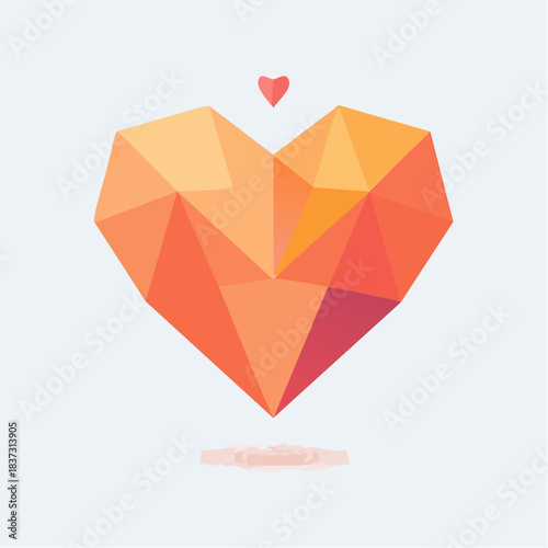 A vibrant geometric heart illustration with polygonal facets in warm orange and red tones, floating above a subtle reflection on a light background.