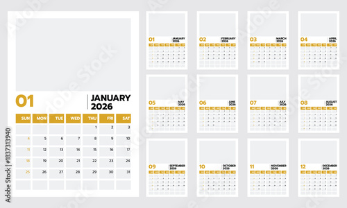 Set of gold color calendar 2026 vertical size A4 template modern vector design.