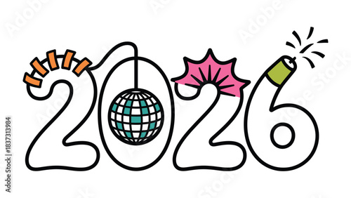 A Futuristic Vision of Celebration: the number 2026. This dynamic, eye-catching design features a futuristic interpretation of New Year's celebrations with elements of fun.