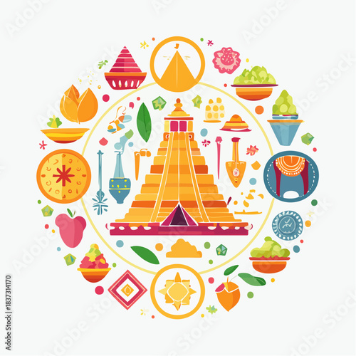 Vibrant illustration of a South Indian temple gopuram surrounded by traditional cultural and religious elements in a circular composition.