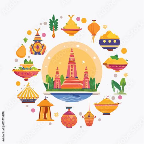 Vibrant illustration of Thai cultural elements and traditional food surrounding a central temple.