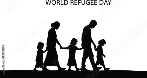 World refugee day silhouette of a family walking together