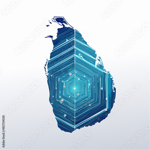 A futuristic digital map of Sri Lanka with a glowing hexagonal tunnel design.