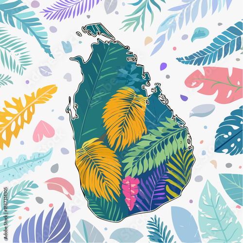 Vibrant illustration of Sri Lanka map filled with tropical leaves and colorful foliage on a white background, showcasing the island's natural beauty.