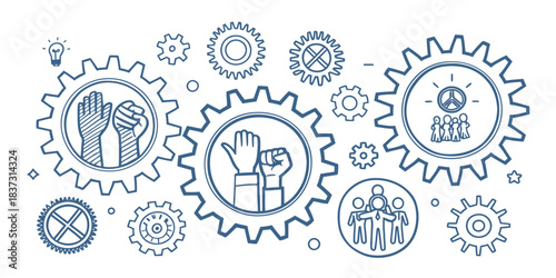 Blue Line Art Gears and Human Figures Symbolizing Unity