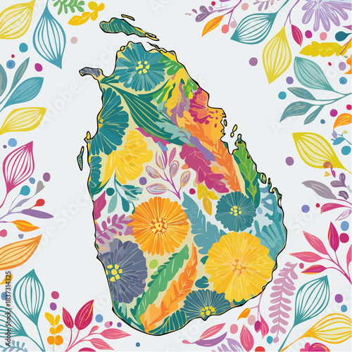 Vibrant floral map of Sri Lanka surrounded by colorful botanical illustrations.