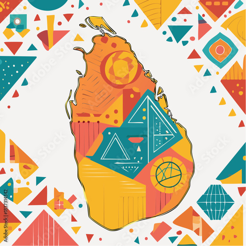 A vibrant, abstract, and geometric illustration of the Sri Lanka map, adorned with colorful cultural patterns and surrounded by decorative borders.