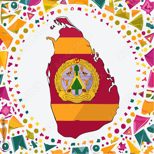 Stylized map of Sri Lanka with national emblem, featuring red and yellow stripes, surrounded by a vibrant, colorful geometric pattern and festive dots.
