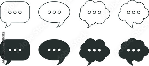 Collection of diverse speech bubble and chat message icons in black outline and solid fill styles, perfect for modern communication ui