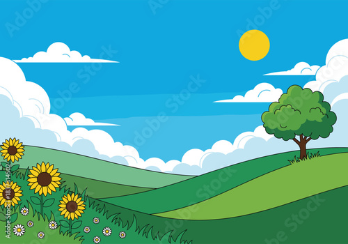 Flat vector illustration of a sunny rural landscape with green hills fluffy clouds a lone tree and beautiful sunflowers in the foreground